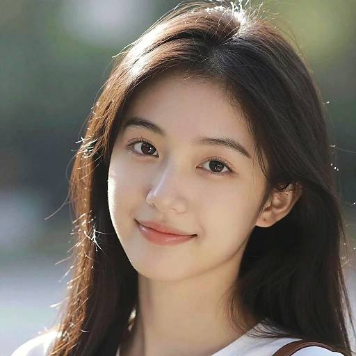 Photograph of a young Asian woman with long, dark brown hair, fair skin, and brown eyes, smiling softly in sunlight.