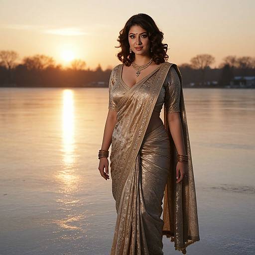 Photograph of a curvy South Asian woman with dark wavy hair, wearing a shimmering gold saree, standing on a frozen lake at sunset