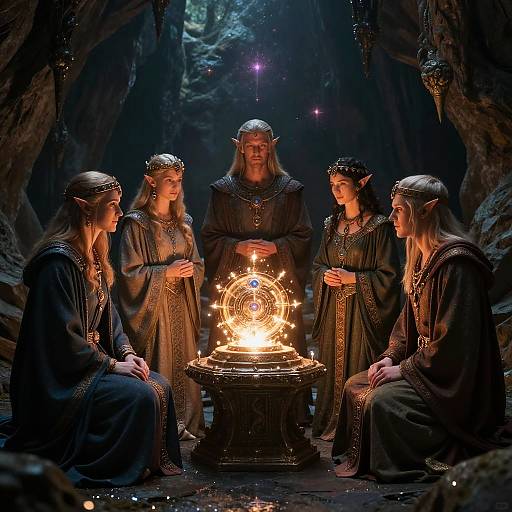 Photograph of five elven figures with silver hair and pointed ears, wearing dark, ornate robes, gathered around a glowing magical circle in a dim