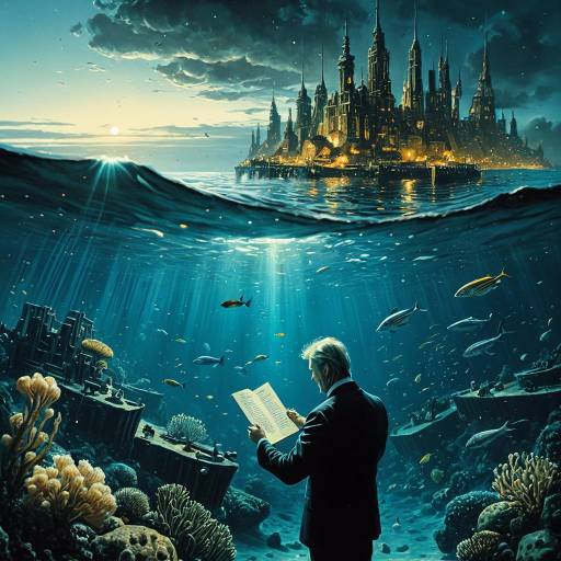 Man Reading Letter Underwater Near Fantasy City