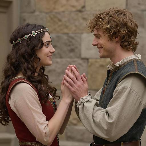 Young Couple in Medieval Attire Holding Hands