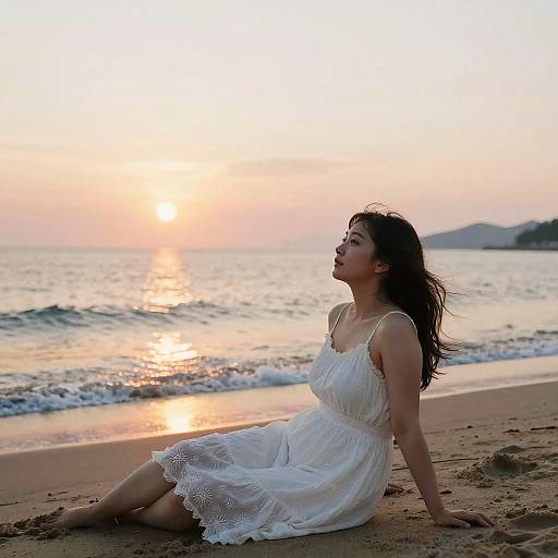 Photograph of a woman with long dark hair, wearing a white lace dress, sitting on a sandy beach at sunset, gazing at the shimmering