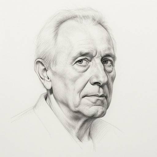 Black-and-white pencil sketch of an elderly man with receding hairline, wrinkled face, and serious expression, set against a plain white background.
