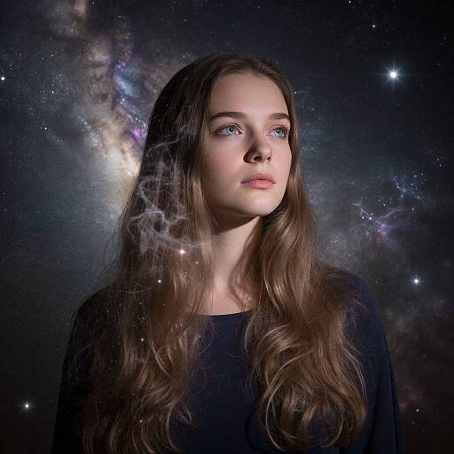 Photograph of a young woman with long brown hair, blue eyes, and fair skin, wearing a black top, set against a starry, cosmic