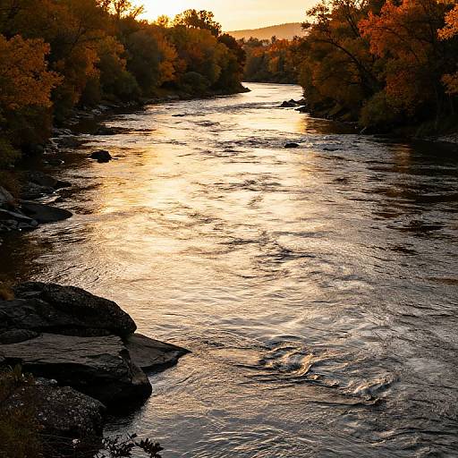 Photograph of a sunlit river with golden reflections, surrounded by autumnal trees, flowing over dark rocks during sunset.