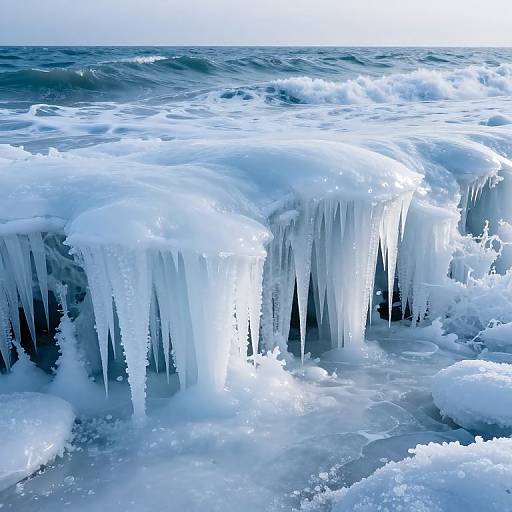 Photograph of icy ocean waves with long, sharp icicles hanging from the surface, creating a frozen, wintry coastal scene.