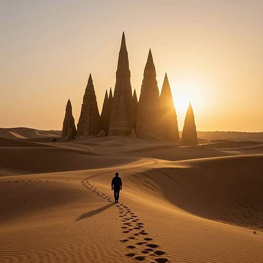 Lone Walk Through Golden Desert Dunes