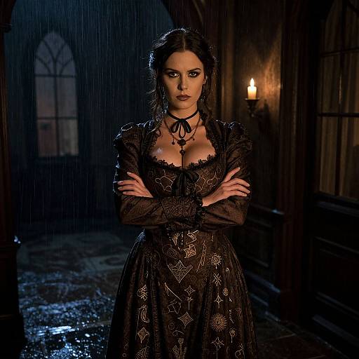 Gothic photograph of a dark-haired woman with pale skin, wearing a black lace dress and choker, standing in a rainy, dimly-l