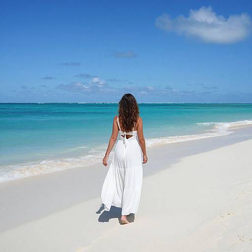 Photograph of a woman with long dark hair in a white sundress, standing on a pristine white sandy beach facing the vibrant blue ocean under a clear