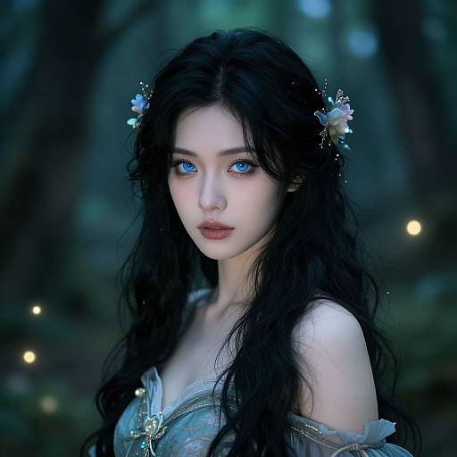 Digital fantasy artwork of a pale-skinned, blue-eyed, dark-haired woman with long, wavy hair, adorned with flowers, wearing an off-