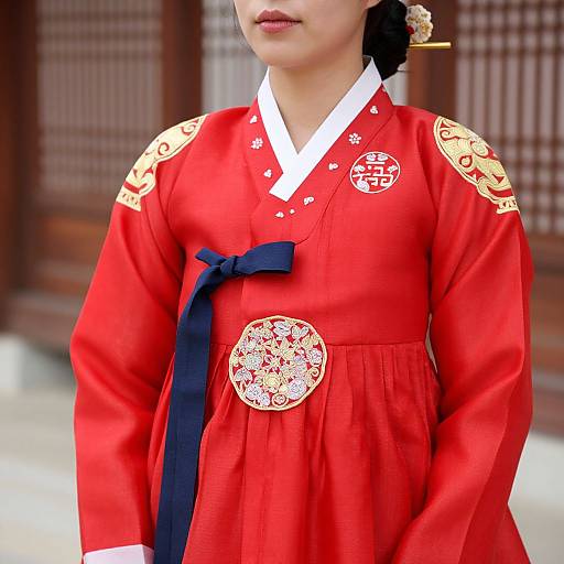 Photograph of a woman in traditional Korean hanbok, wearing a vibrant red dress with gold embroidery, white collar, blue sash, and floral