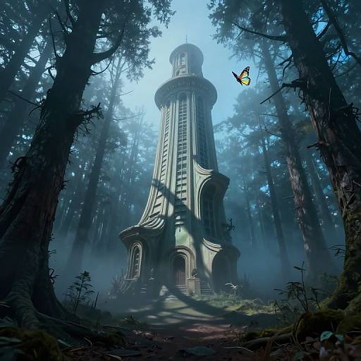 Surreal Tower in Foggy Dreamscape