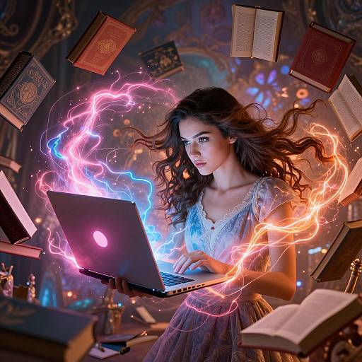 Magical woman with long, wavy brown hair, wearing a lace dress, conjures pink and blue electric sparks around a glowing laptop in a mystical