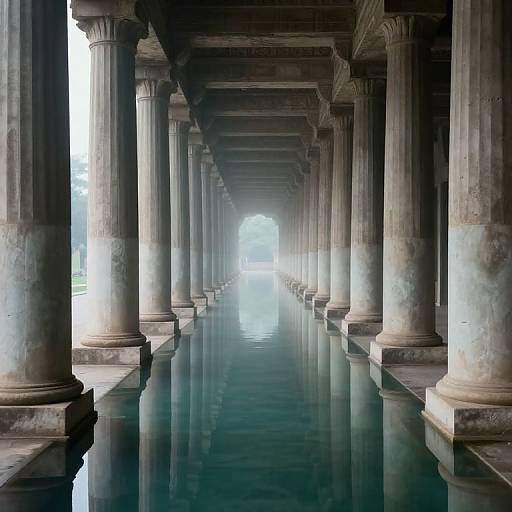 Photograph of a long, reflective, marble-columned corridor with a clear, blue water floor, leading to a bright, misty archway.