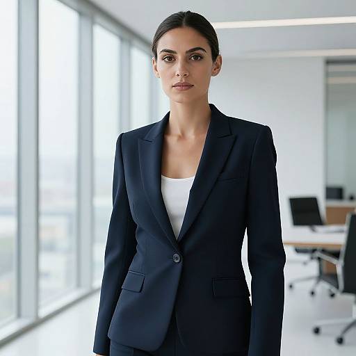 Photograph of a serious, dark-haired woman in a black blazer and white top, standing in a bright, modern office with large windows.