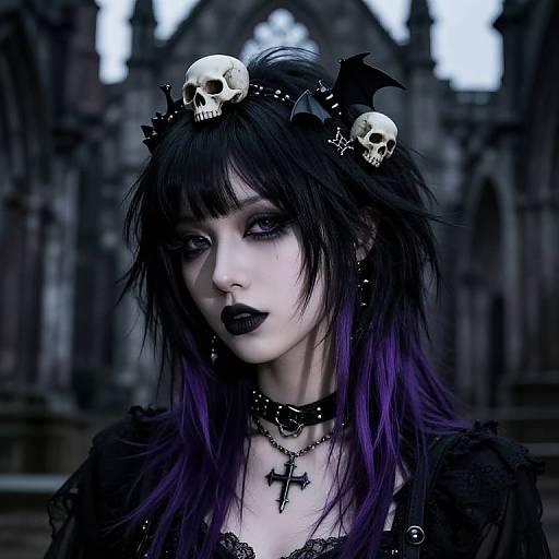 Gothic woman with black hair, purple highlights, skull and bat headpiece, black lipstick, cross necklace, in dark, Gothic cathedral. Photograph