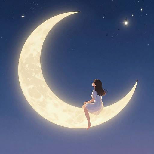 Digital illustration of a girl with long brown hair in a white dress, sitting on a glowing crescent moon against a starry night sky.