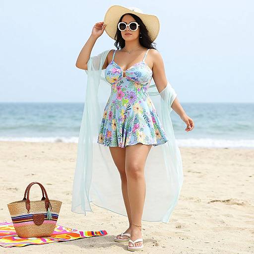 Photograph of a woman on a beach, wearing a colorful floral dress, white cardigan, wide-brimmed hat, white sunglasses, and sandals