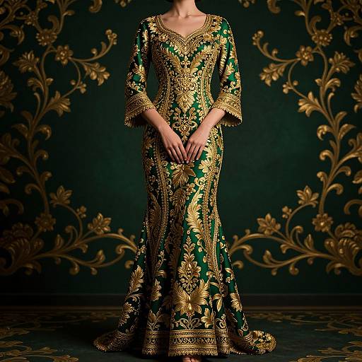 Photograph of a woman in a dark green, gold-embroidered, long-sleeve traditional dress, standing against a dark green, orn