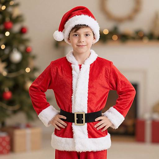 Photograph of a young boy with light skin, brown hair, wearing a red Santa suit with white fur trim, black belt, and Santa hat,