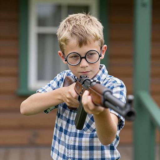 Focused Boy Aiming Wooden Rifle
