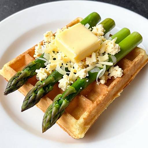 Photograph of a golden waffle topped with three green asparagus spears, grated cheese, and a small pat of butter on a white plate.