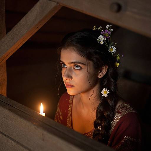 Photograph: Young woman with dark braided hair, daisy crown, intense blue eyes, and red dress, illuminated by candlelight, peering