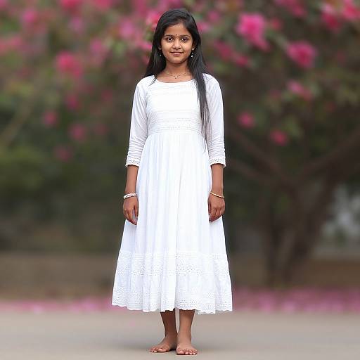 Photograph of a young Indian girl with long black hair, wearing a white dress and sandals, standing barefoot in front of blurred pink and green foliage