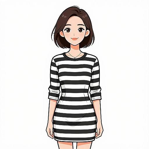 Digital anime-style drawing of a smiling young woman with short brown hair, wearing a black and white striped dress, standing against a plain white background.