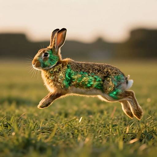 Photograph of a brown and green patterned rabbit mid-jump in a sunlit grass field with a blurred, dark forest background.