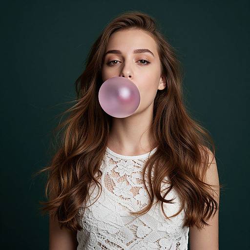 Photograph of a young woman with long brown hair, blowing a pink bubblegum bubble, wearing a white lace sleeveless top, against a dark