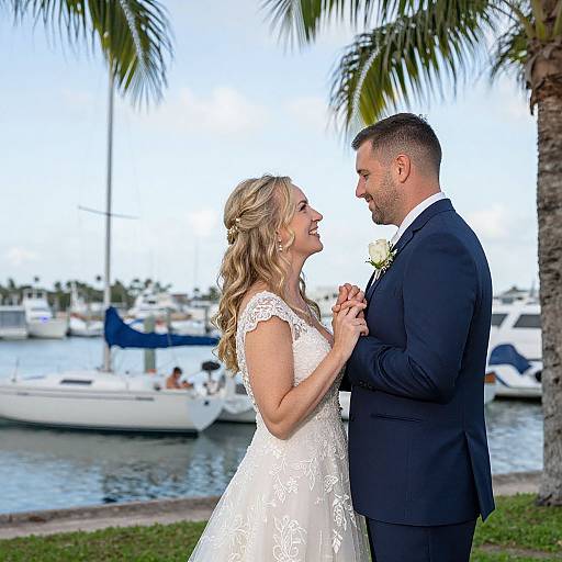 Blonde bride in lace white dress and bearded groom in dark suit hold hands, smiling, by marina with palm trees. (Photograph)