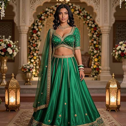 Indian woman in vibrant green traditional lehenga with gold embroidery, standing in ornately decorated, candlelit room, adorned with floral arrangements.