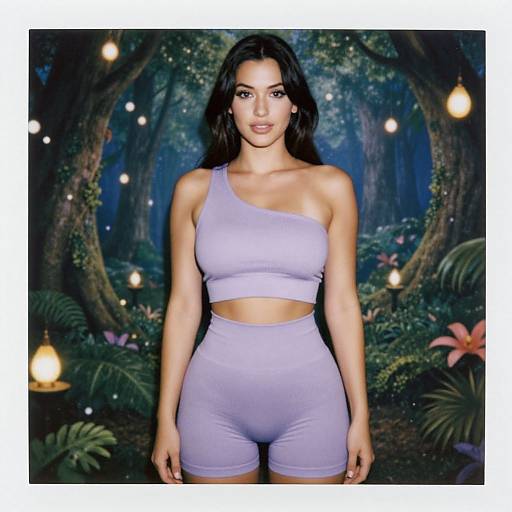 Photograph of a fit, light-skinned woman with long black hair, wearing a lavender one-shoulder sports crop top and high-waisted