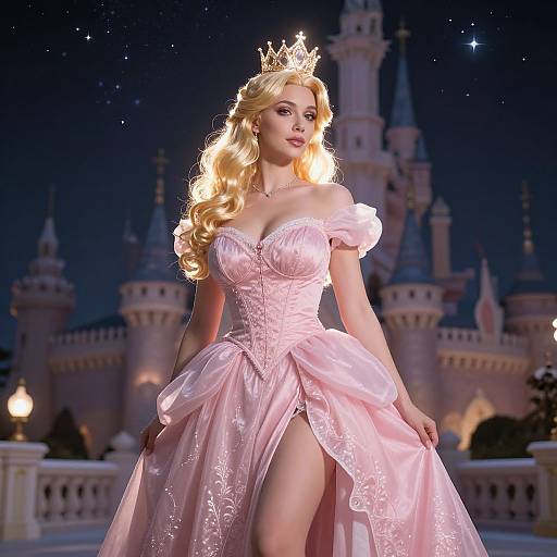 Blonde princess in a sparkling pink ball gown with a crown, standing in front of a magical castle at night. Digital artwork.