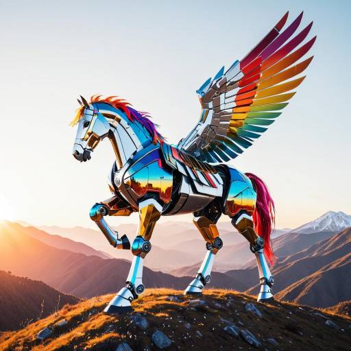 Robotic Pegasus Sculpture with Rainbow Wings at Sunset