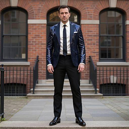 Photograph of a man in a shiny black sequin suit, white shirt, black tie, and black pants, standing in front of a red brick