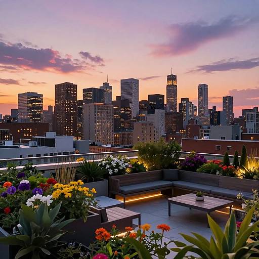 Photograph of a rooftop garden at sunset, featuring colorful flowers and modern furniture, with a city skyline of illuminated skyscrapers in the background.