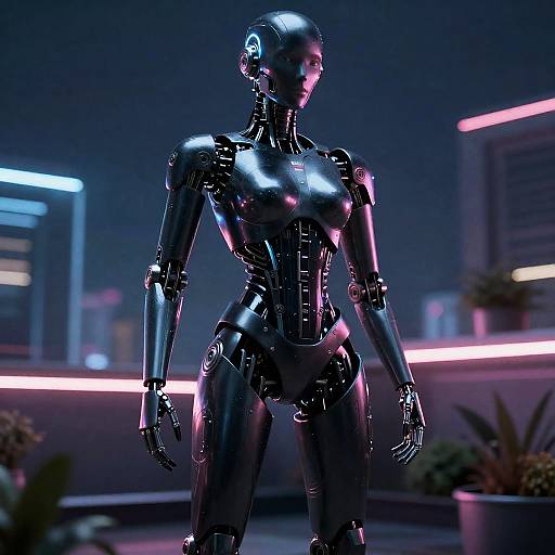 Humanoid Android with Obsidian Skin on Neon Rooftop