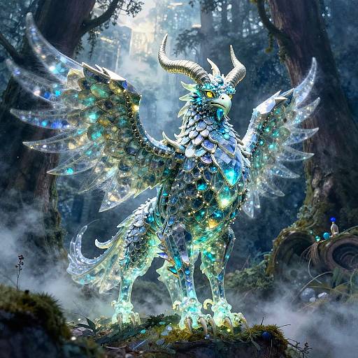 Digital artwork of a glowing, crystalline dragon with large, illuminated wings and horns, standing in a misty, enchanted forest.