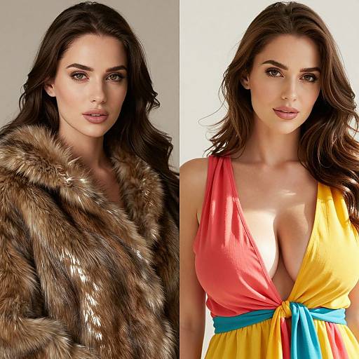 Side-by-side photograph of Kim Kardashian in a fur coat on the left, and a colorful, deep V-neck dress on the right.