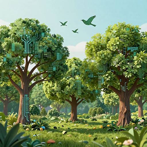 Digital art of a vibrant, tech-infused forest with circuit patterns on lush green trees, two flying birds, and colorful flowers under a bright blue sky