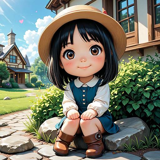Digital anime-style drawing of a cute, big-eyed girl with black hair, wearing a straw hat, blue pinafore, white shirt, and brown