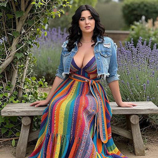 Photograph of a curvy woman with long black hair, wearing a low-cut, rainbow-patterned dress and denim jacket, sitting on a wooden bench
