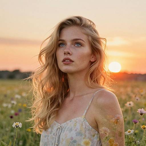 Photograph of a blonde woman with blue eyes, wearing a floral sundress, standing in a field of wildflowers at sunset.