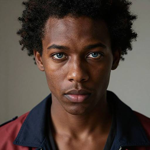Photograph of a young Black man with dark skin, short curly hair, blue eyes, and serious expression, wearing a red and black jacket, against