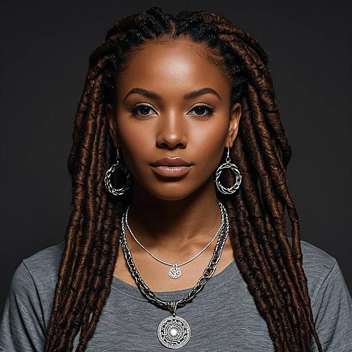 Young Woman with Long Brown Dreadlocks and Silver Jewelry