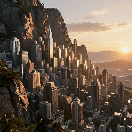 Photorealistic CGI of a sunlit, futuristic cityscape nestled against rocky cliffs, featuring a dense cluster of tall, modern skyscrapers with varied