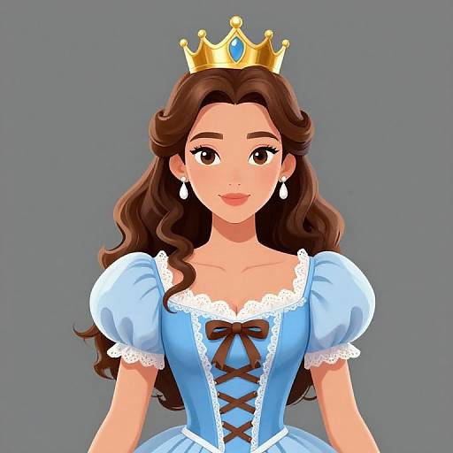 Digital illustration of a fair-skinned, brown-haired princess with a golden crown, blue dress with white lace, and brown ribbon, standing against a gray