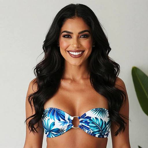 Photograph of a smiling woman with long, wavy black hair, wearing a blue and white tropical patterned strapless bikini top, against a plain